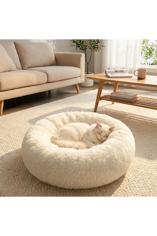 Buffer Yuvarlak Ultra Yumuşak Welsoft Peluş Kedi Ve Köpek Yatağı Kaymaz Taban Tüylü Pet Pufu,uyku Minderi Krem