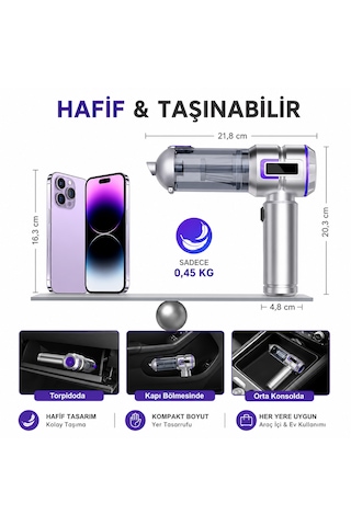 Ultratekno Carboon Serisi Spr-18 20.000 Pa 6000 Mah Kablosuz Üflemeli Araç Süpürgesi 20000 Pa