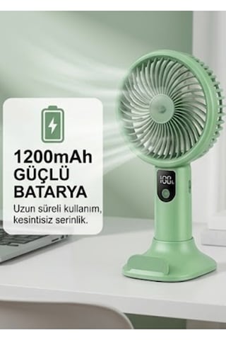 Şarjlı Standlı Güçlü El Fanı Masaüstü Mini Vantilatör 1200mah 5 Kademe Hız Ayarı Dijital Gös
