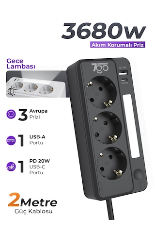 7go 7gsp1 3680w 3'lü Priz Siyah Akım Korumalı 20w Pd Hızlı Şarj Usb 1.9m Kablolu Akıllı Led Ge 2 m