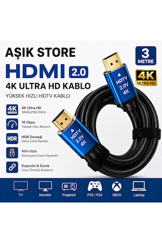 Hdmı 2.0 Kablo 3 Metre 4k Ultra Hd 18gbps Altın Uçlu Hdr Destekli Tv Monitör Ps5 Xbox Laptop Uyumlu