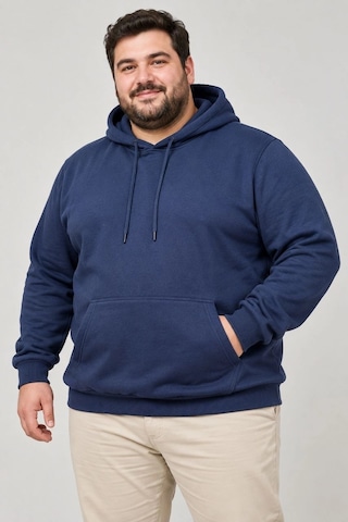 Ertaştrendstore Erkek Battal Büyük Beden Üç İplik İçi Şardonlu Kapüşonlu Kanguru Cepli Kışlık Sweatshirt - Lacivert Çok Renk