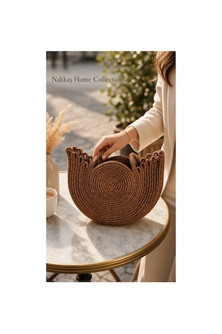 Nakkaş Home Collection Jüt Çanta Kadın Hasır Çanta, Plaj Çantası, Omuz Ve Günlük Kullanım Çantası-kahvrengi-35x30 Cm