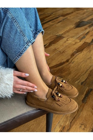 Erva'nın Butiği Taba Süet Shake Saraçlı Boncuk Detay Kadın Loafer-6013