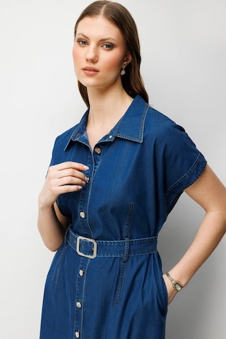 Ekol Kadın Büyük Beden Beli Kemerli Polo Yaka Midi Elbise 6542 Indigo İndigo