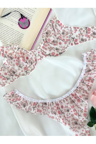 Arinda Butterfly Ekru Tül Çiçek Desenli Balenli Kapsız Fırfırlı Bralette Sütyen Tanga İç Çamaşırı Takımı Alt Üst 2 Parça