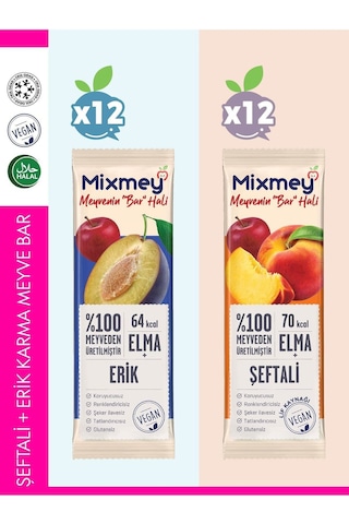 Mixmey Şeftali Erik Karma Meyve Barı 24 Adet | Atıştırmalıklar – Vegan, Glutensiz (20GR X 24 ADET)