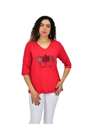 Caftan Kadın Kısa Kol Taşlı Bluz Bgl-st04711 Kırmızı