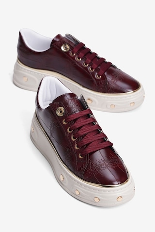 Mubiano Kadın Kroko Desenli Sneaker Kalın Tabanlı Bağcıklı Gold Detaylı Vika Bordo Bordo Krokodil