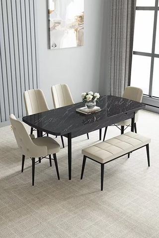 Loft Siyah Mermer 80x132 Açılabilir Mdf Masa Yemek Odası Takımı, Mutfak Takımı 4 Sandalye, 1 Bench Krem