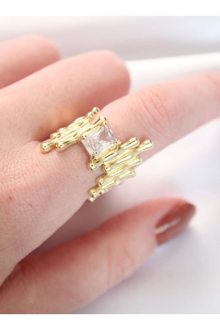 Gold Renk Tırtıklı Kalın Baget Taş Tasarım Ayarlanabilir Yüzük Altın