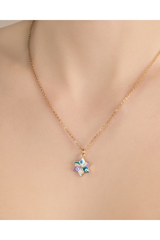 Kadın Kararmaz Çelik Mor Mavi Mineli Nazar Boncuklu Stil Kolye Altın