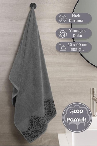 Pamuk Tekli Havlu Jakarlı Karna Home Klover - 50 X 90 Gri