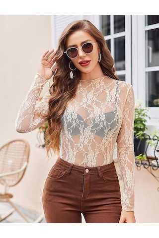 Kadın File Üst Uzun Kollu Balıkçı Yaka Şeffaf Bluz Şeffaf Çiçek Dantel Üstler Şarap Kırmızısı