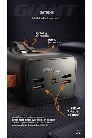 Simex 50.000 mAh 22.5W PD Hızlı Şarj Kablolu Powerbank Dijital Göstergeli Fenerli Taşınabilir Kamp Cihazı