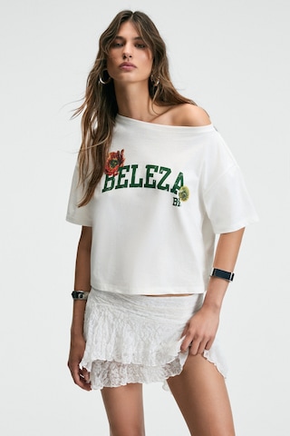 Grımelange QALY Kadın Kayık Yaka Tek Omuz Kısa Kol Ön Ve Arka Baskı Detaylı Relaxed Ekru T-Shirt