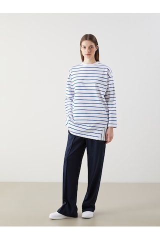Lcw Modest Mavi Bisiklet Yaka Çizgili Kadın Sweatshirt Tunik