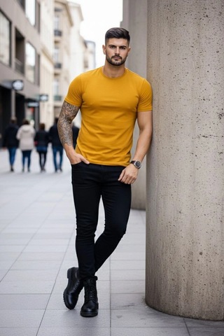 Novalisse Erkek Body Tişört Bisiklet Yaka Slim Fit Likralı T-shirt - Limon Çoklu Renk
