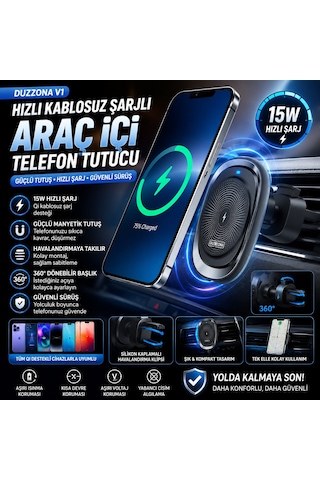 Hızlı Şarj Destekli Kablosuz Araç İçi Telefon Tutucu Havalandırmaya Takılan Araç İçi Kablosuz Şarj Tutucu
