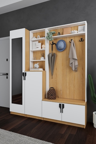 Lüks Aynalı Portmanto Askılı Vestiyer %100 Mdf Çok Raflı Ayakkabılık V03 Beyaz - Karına