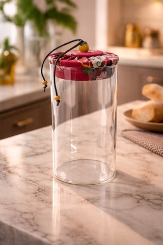 Makri Home 650 Ml Borosilikat Cam Hava Geçirmez Kırmızı Kumaş Kaplama Bambu Kapaklı Kavanoz,çap: 8 Cm, H: 18 Cm Kırmızı