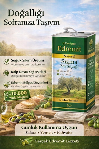 Premium Edremit Naturel Sızma Zeytinyağı Soğuk Sıkım 5 Litre Teneke