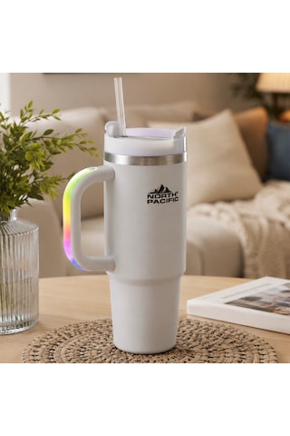 Led Işıklı Kulplu Pipetli Termos - 900 Ml Gri