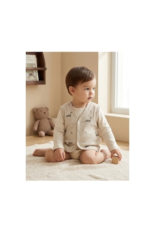 Minory Baby - %100 Pamuk Bebek Yeleği Dinozor Motifli Kahverengi Kahverengi