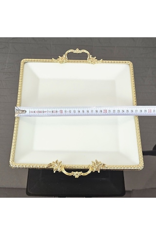 Porselen Büyük Sade Kare Servis Tabağı-sunumluk Döküm Gold Çerçeve Ve Ayaklı 27cm Beyaz