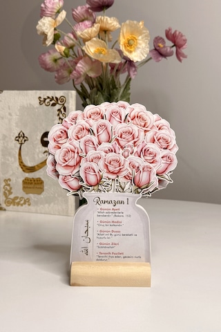 Ramazan Takvimi Pembe Gül Temalı Çiçekli - 30 Günlük Ramazan Takvimi - Hadis-i Şerifli