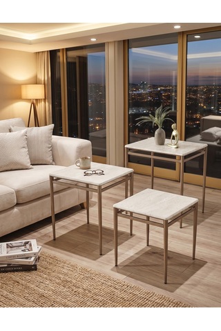 Traverten Desen Membran Kaplama 3'lü Zigon Sehpa Takımı Cappuccino Metal Ayaklı Modern Sehpa Seti