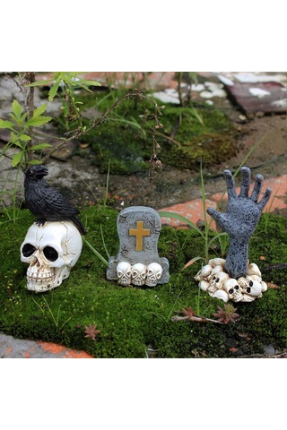 3 Minyatür Kafatası Başı Figürleri Seti Karga Mezar Taşı Hayalet El Figürleri Modelleri Patio Çim Bahçe Veranda Dekorasyonu İçin