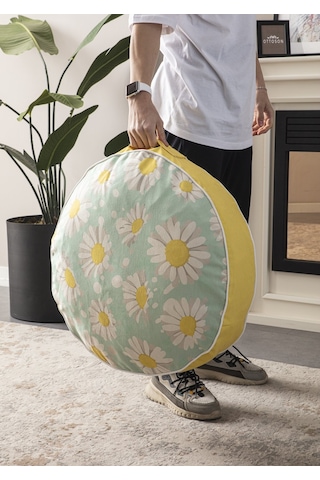 Papatya Desenli Yuvarlak Taşınabilir Dekoratif Yer Minderi Puf 60