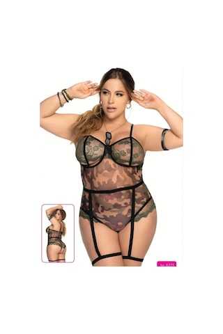 For Dreams Büyük Beden Kamuflaj Desenli Transparan Dantel Body Kahverengi
