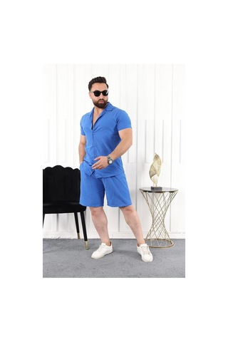 Mcz Giyim Keten Sax Mavisi Renk Slim Fit Erkek Şort - Gömlek Alt Üst Takım