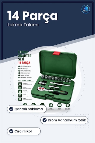 Lokma Takımı İnç 14 Parça Çantalı Krom Vanadyum Cırcırlı Oto Bakı