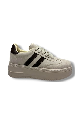 Şanzelize K1-26 Süet Deri Yüksek Anatomik Taban Bağcıklı Kadın Sneaker Bej Kahve Bej
