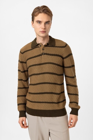 Back&bond Bej Regular Fit Çizgili Yünlü Polo Yaka Triko Kazak Camel