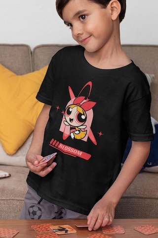 Sevbano Blossom Baskılı Unisex Power Puff Girls Çizgi Film Çocuk Tişört Siyah