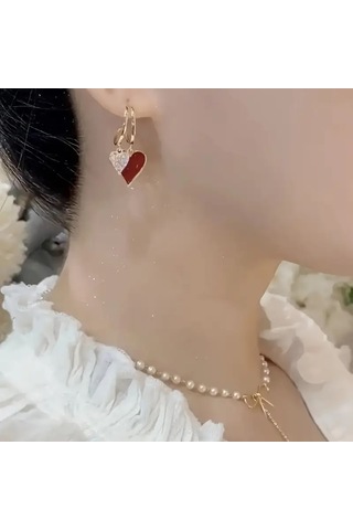 Mumicemum Glamour Çift Kalp Sallantılı Küpeler Altın - Kırmızı