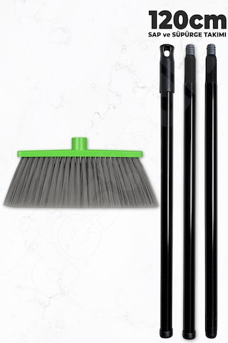 Saplı Ev Süpürgesi - Ekstra Kaliteli - 120cm Sap - Demonte Sap - Uzun Fırça Kılı - Dış Mekan Süpürge