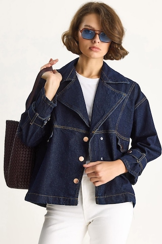 Kadın Geniş Yaka Uzun Kollu Ayarlanabilir Manşetli Denim Ceket 6089 60283543 - Lacivert