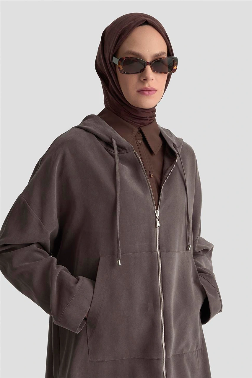 Armine Fermuar Detaylı Kapüşonlu Kap 25kd1125 Kahverengi Kahverengi
