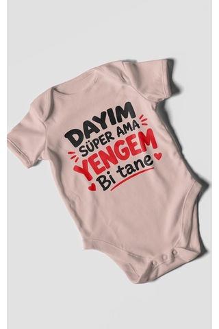 Morivokids Dayım Süper Ama Yengem Bi Tane Kısa Kollu Bebek Body %100 Pamuk Pastel Pembe