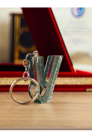 Harfli Anahtarlık Epoksi Kişiye Özel Yapım El Yapımı Harf Anahtarlık Kalp Model Özel Tasarım Hediyelik Ürün Kalp Desenli Simli Anahtarlık Beyaz - Mavi