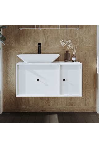 Gusto Ayaksız Lavabolu Mdf 90 Cm Çekmeceli Banyo Dolabı Beyaz Mat Beyaz