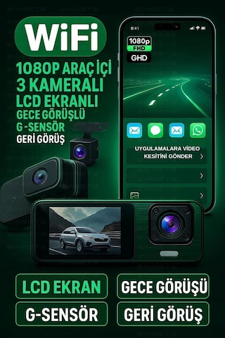 Buğz Wifi 1080p Araç İçi 3 Kameralı Lcd Ekranlı Gece Görüşlü , G-sensör , Geri Görüş Kamera
