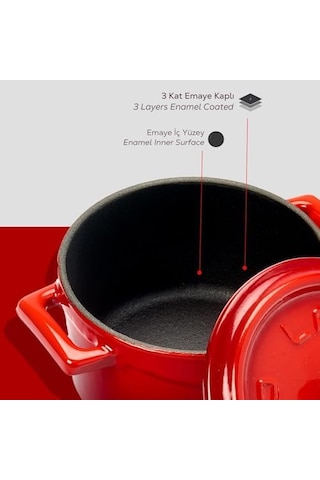 Metal Döküm Mini Tencere, 10 Cm, 0.35 L Hacim, Kırmızı 12v