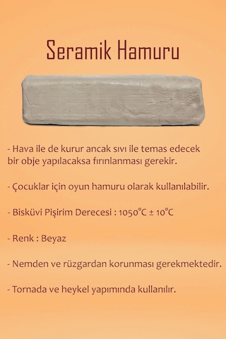 Beyaz Seramik Hamuru 2 Kg Kil Ebeşuar Seti 6x15 Ml Akrilik Set 100 Cc Vernik Ahşap Merdane Zımpara
