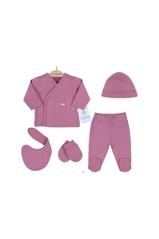 3 Ay Cepli Çizgili 5'li Hastane Çıkış Seti Gül Kurusu Gülkurusu